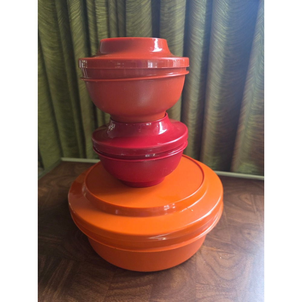 Vintage Tupperware Serve & Seal Bowls Autumn Harvest Orange Red Set of 3